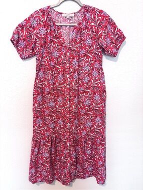LOFT Red Pink Floral Button Front Midi Dress Women’s XS Soft Girl Cottagecore